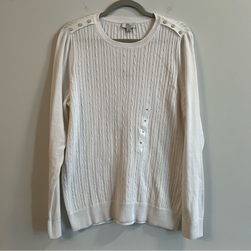 Women’s new Kim Rogers white cable knit shoulder button detail sweater size M